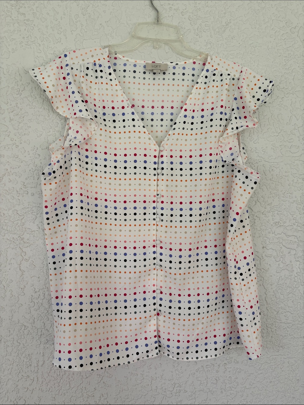 LOFT White Multicolor Polka Dot Ruffle Sleeve V-Neck Top size XL
